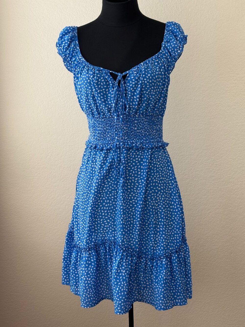 Blue Smocked Puff Sleeve Cottagecore Milkmaid Midi Dress Medium